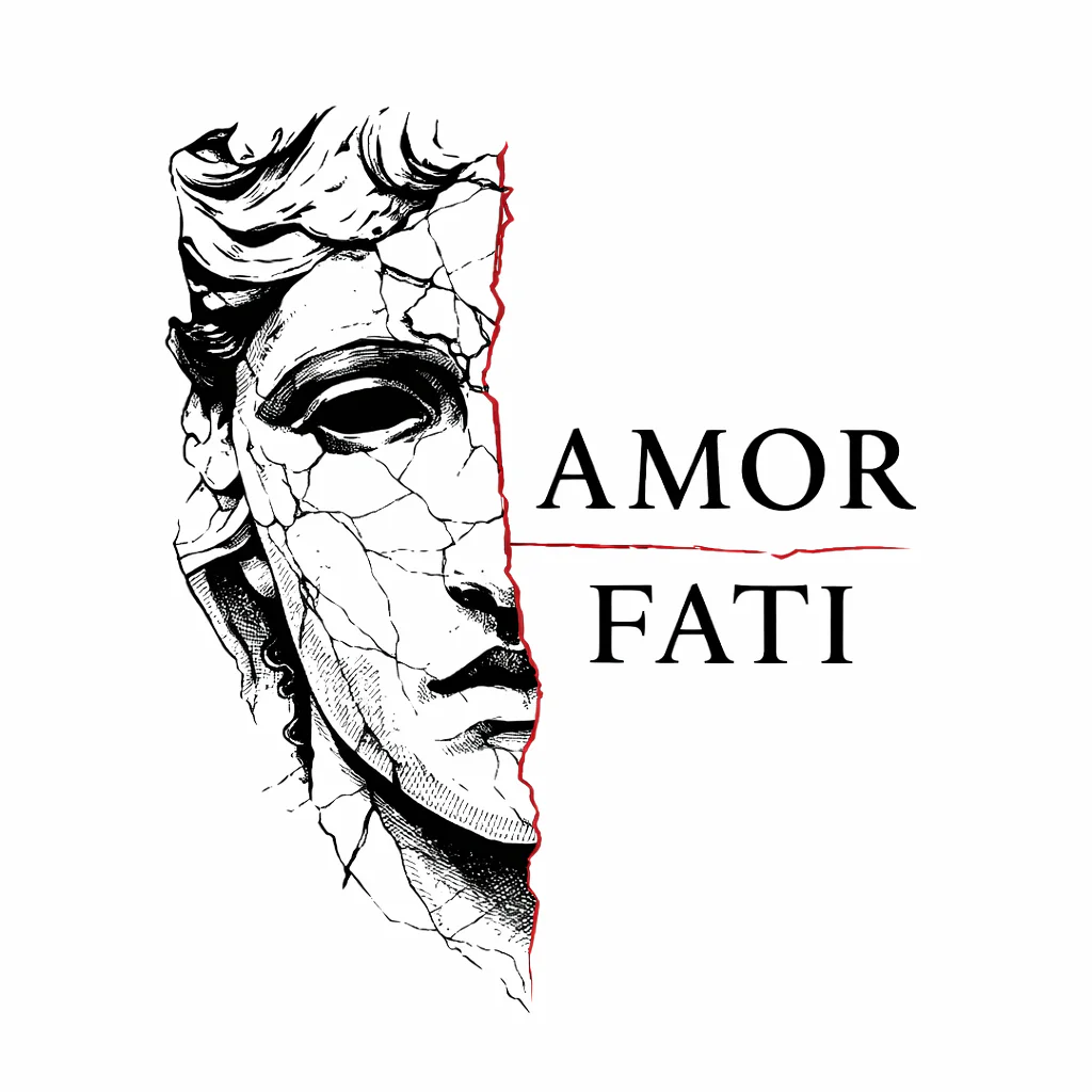 AMOR FATI piešinys su suskilusios skulptūros veidu